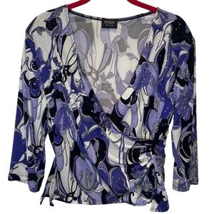 MSK Petite Wrap Top Blouse Floral Print Purple Black‎ White Sparkle 3/4 Sleeve